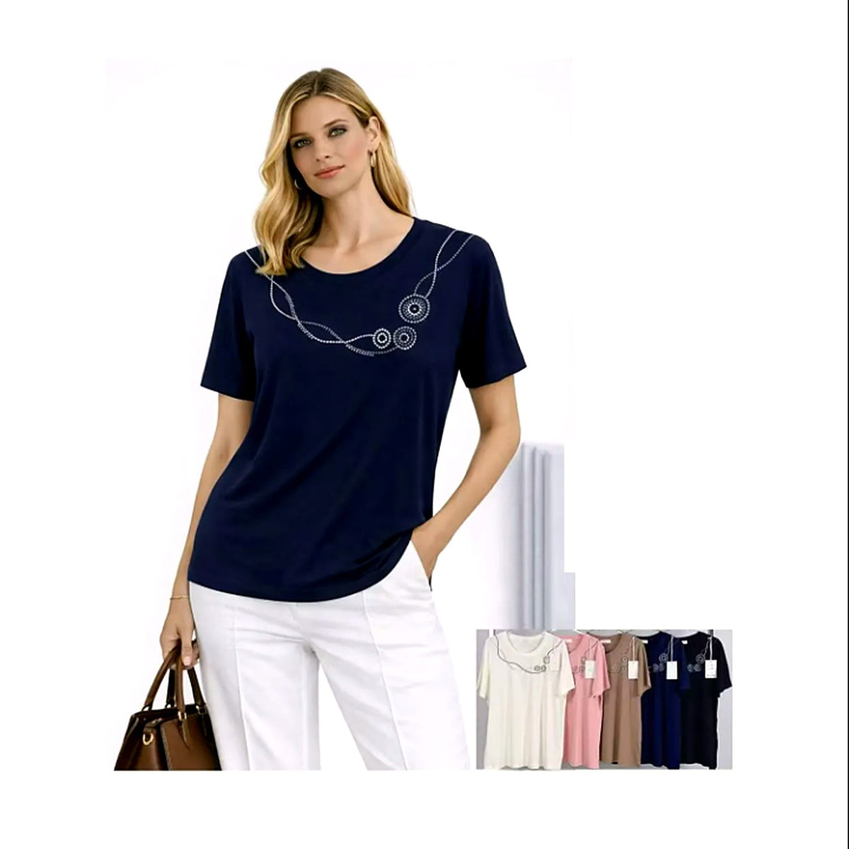 T-shirt noir · Col rond · Broderie gris perle et blanc · M-L / XL-XXL