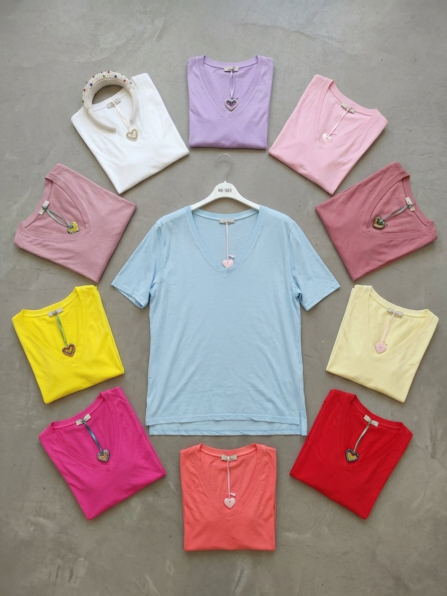 T-shirt basique · Col V · Manches courtes · 15 couleurs · TU grande taille · T36-52