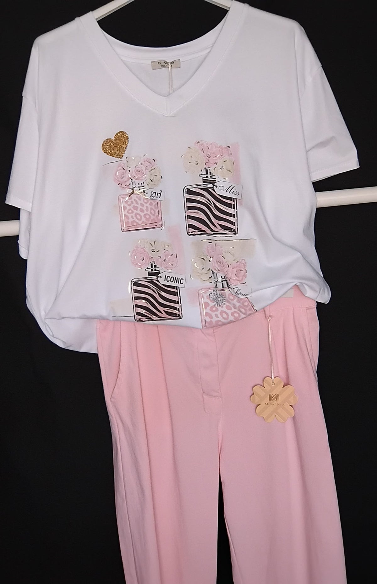 T-shirt · Col V · Décor rose · Paillettes dorées · T36-52