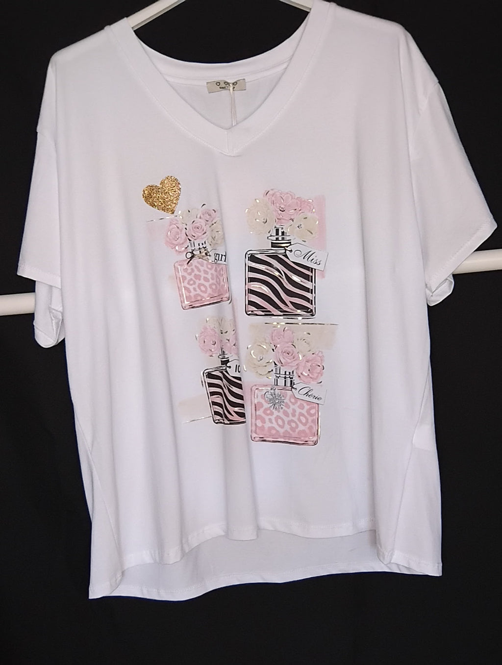 T-shirt · Col V · Décor rose · Paillettes dorées · T36-52