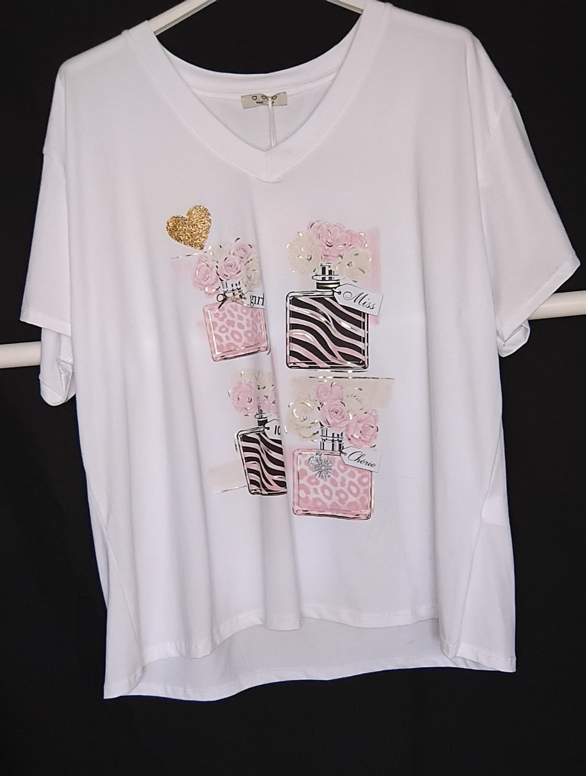 T-shirt · Col V · Décor rose · Paillettes dorées · T36-52