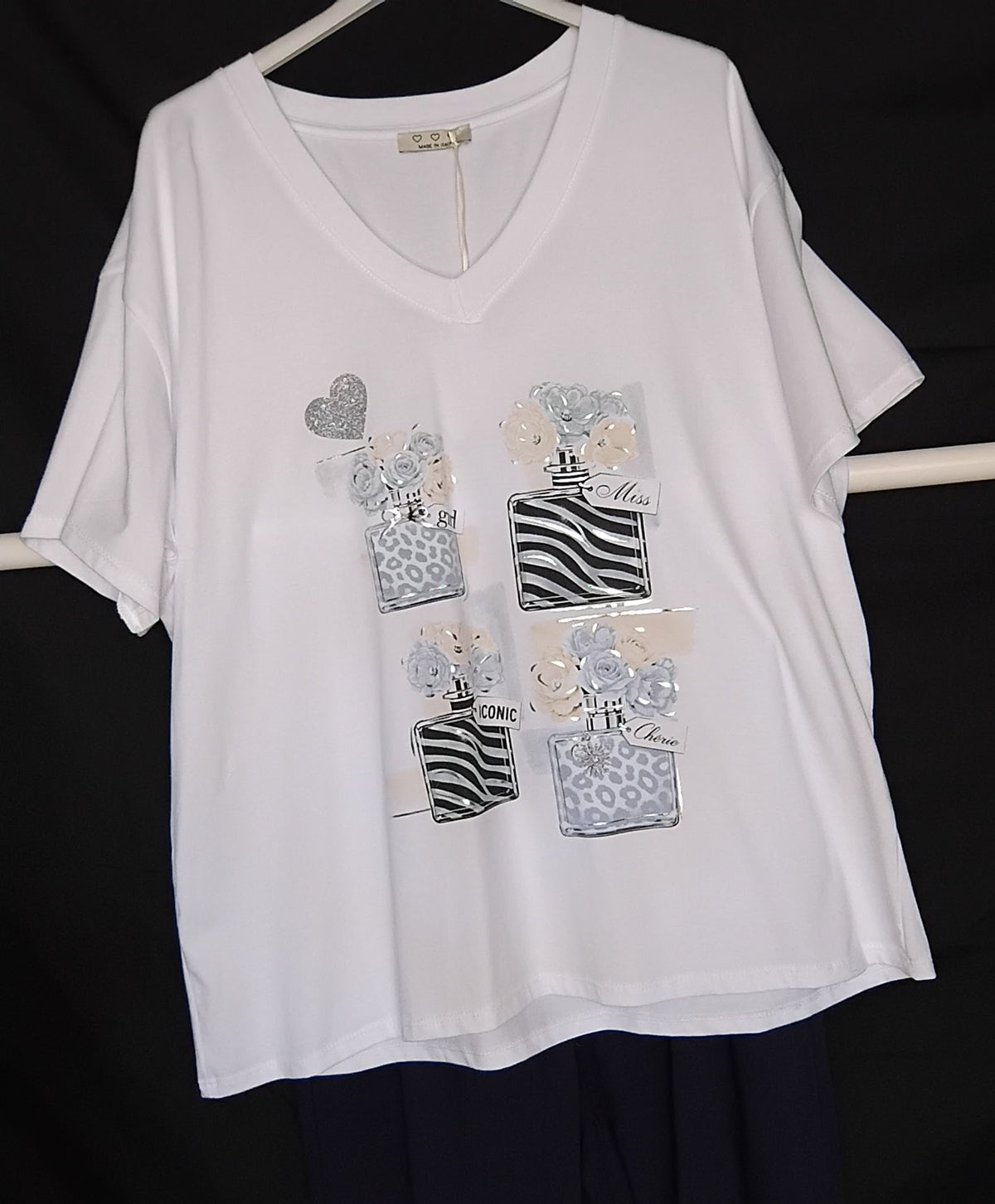 T-shirt · Col V · Décor bleu · Paillettes argentées · T36-52