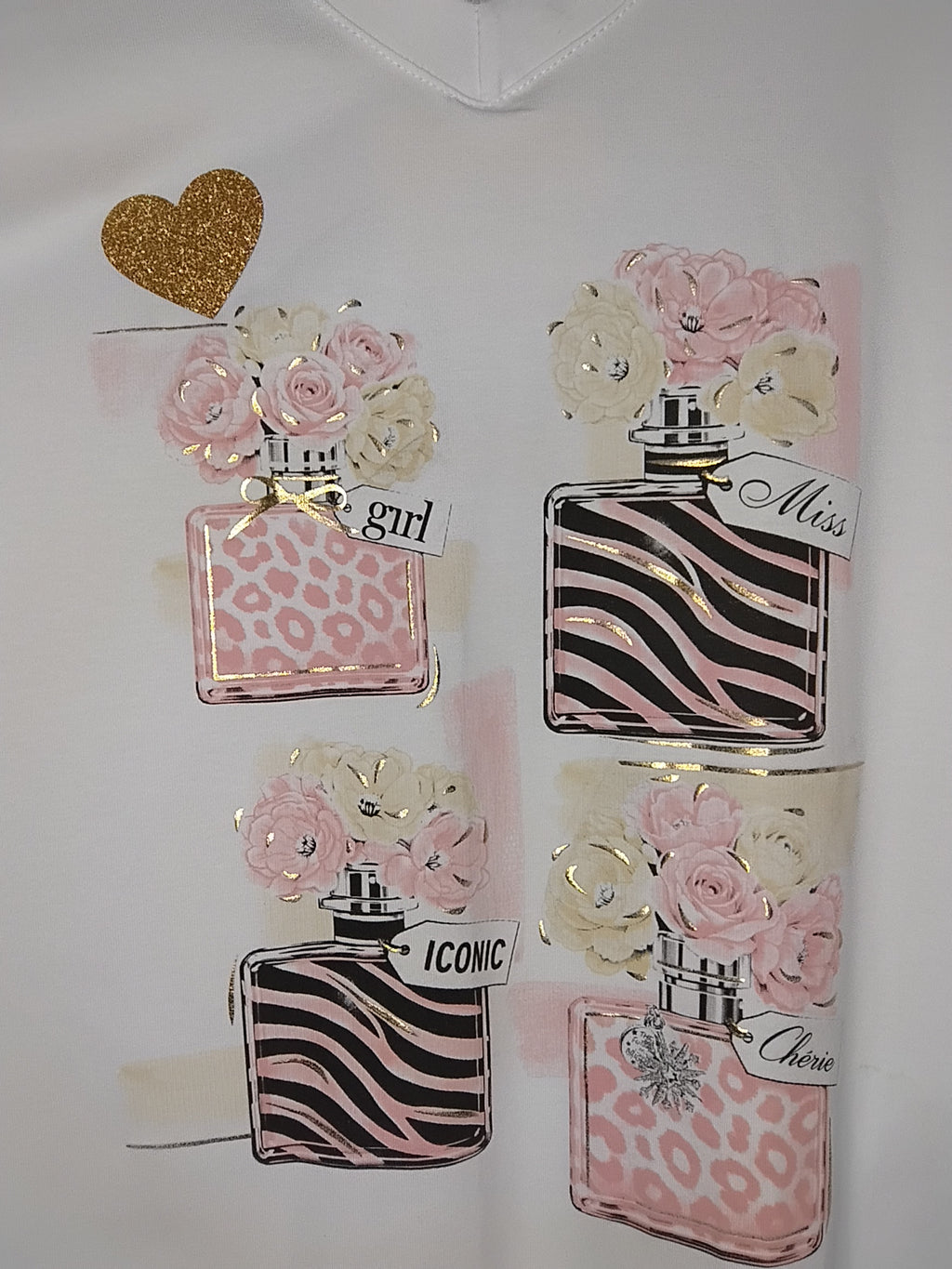 T-shirt · Col V · Décor rose · Paillettes dorées · T36-52