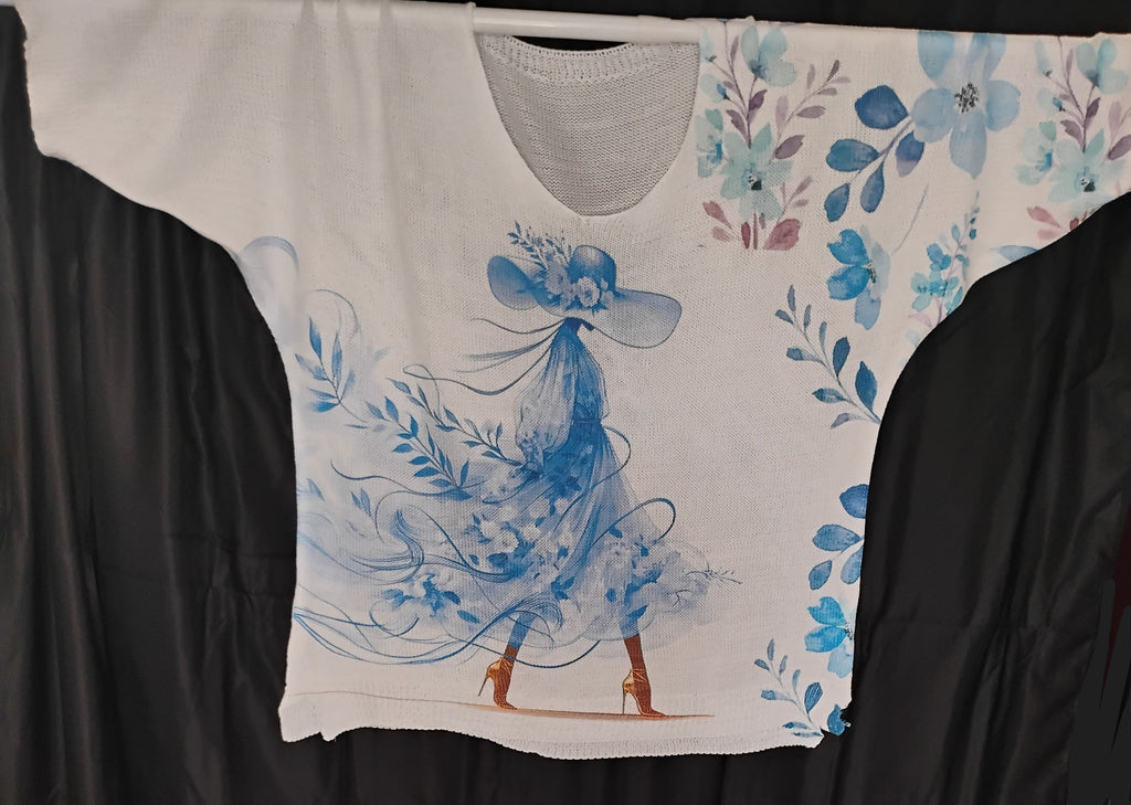 Pull fin · Blanc et bleu · Manches chauve-souris · TU40-48