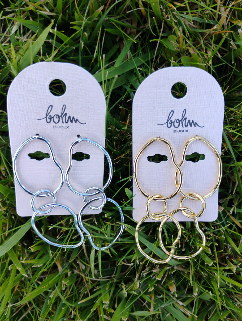 Boucles d'oreilles pendantes · 3 anneaux ajourés · Acier inoxydable · Or ou Argent