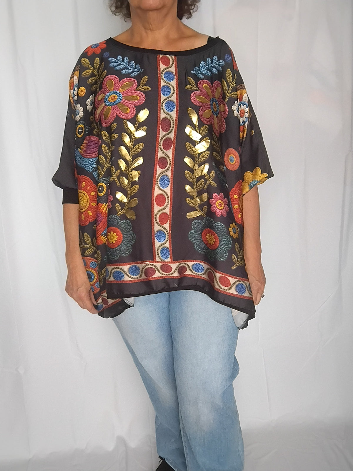 Blouse oversize fleurie - Noir & reflets dorés - Taille unique 44 à 60/62