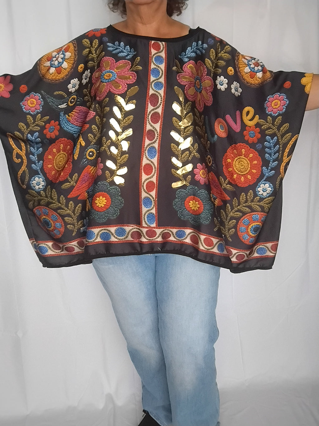 Blouse oversize fleurie - Noir & reflets dorés - Taille unique 44 à 60/62