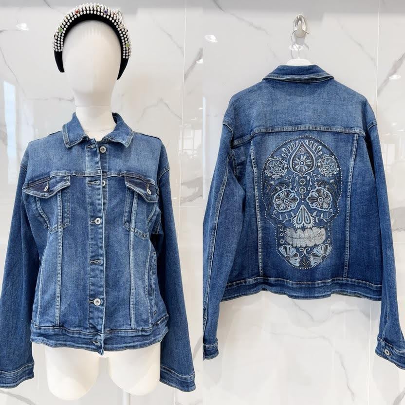 Veste en jean · Broderie calavera au dos · Jean stretch · 3XL à 6XL