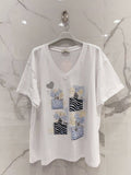T-shirt · Col V · Décor bleu · Paillettes argentées · T36-52