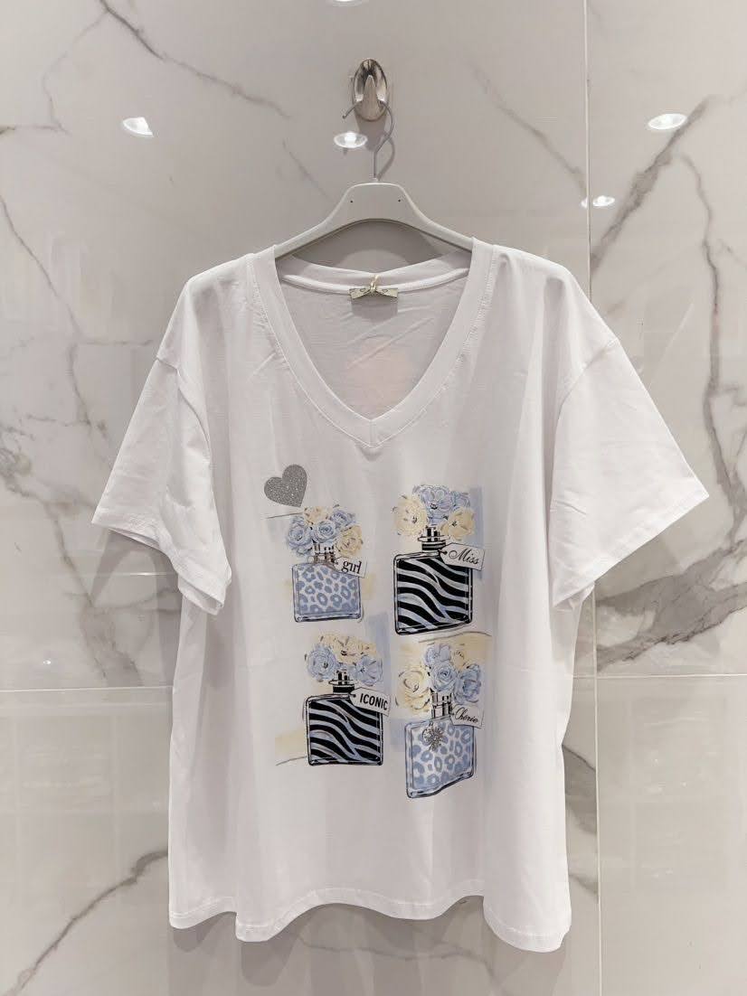 T-shirt · Col V · Décor bleu · Paillettes argentées · T36-52