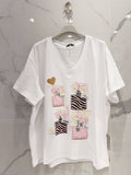 T-shirt · Col V · Décor rose · Paillettes dorées · T36-52