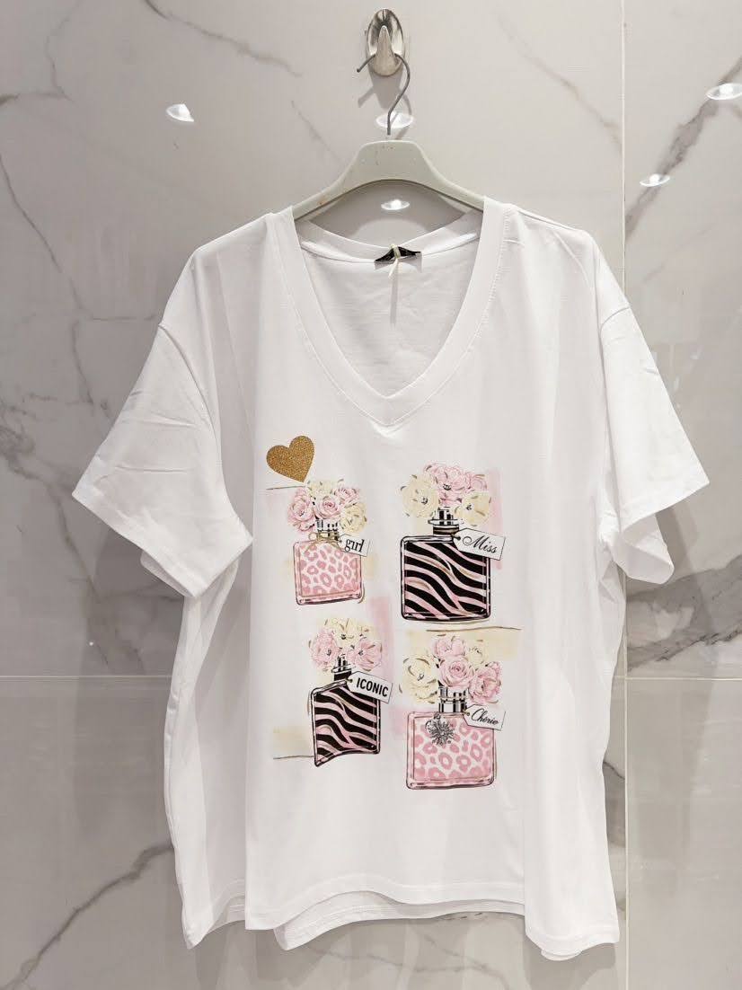 T-shirt · Col V · Décor rose · Paillettes dorées · T36-52