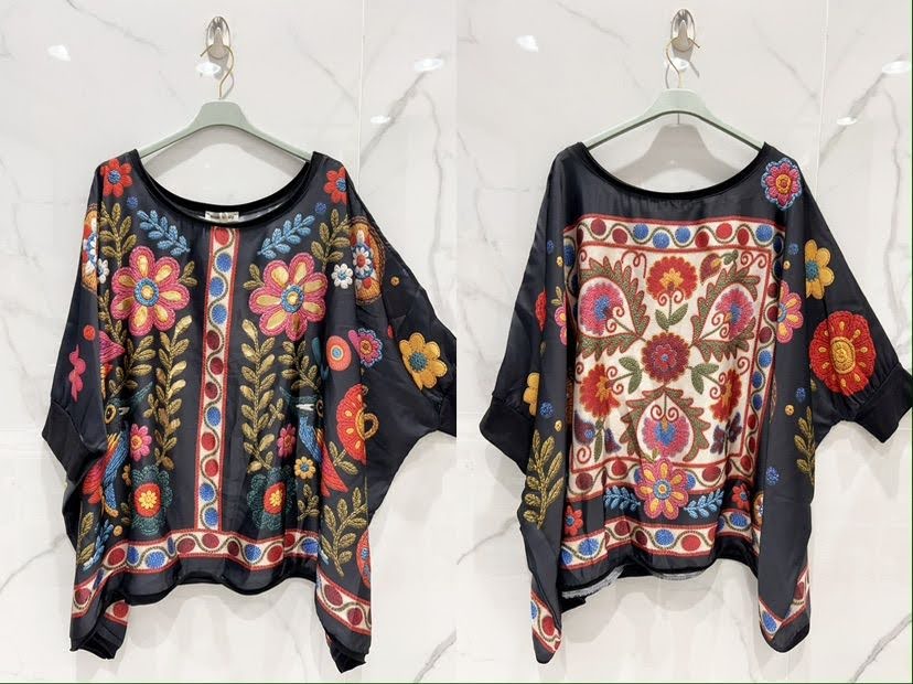 Blouse oversize fleurie - Noir & reflets dorés - Taille unique 44 à 60/62
