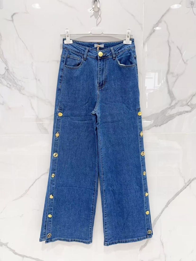 Jean large · Wide leg · Boutons pression · Taille haute · XL