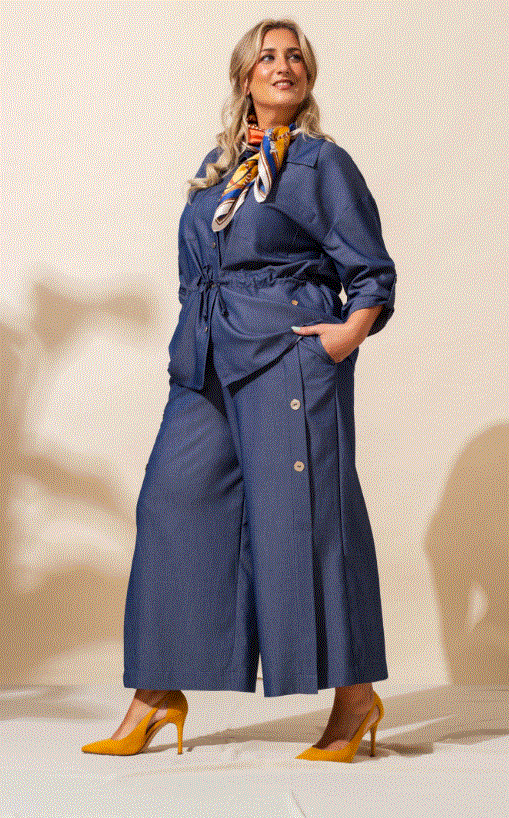Pantalon palazzo · Denim fin · Fabrication européenne · Du 40 au 58