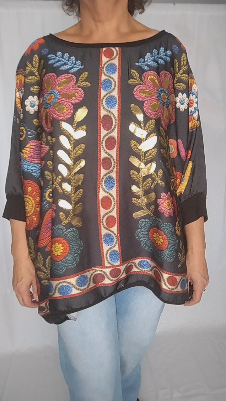 Blouse oversize fleurie - Noir & reflets dorés - Taille unique 44 à 60/62